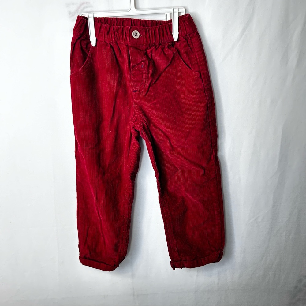028 Boys Kids Red Corduroy Pants Elastic Waistband Size 4